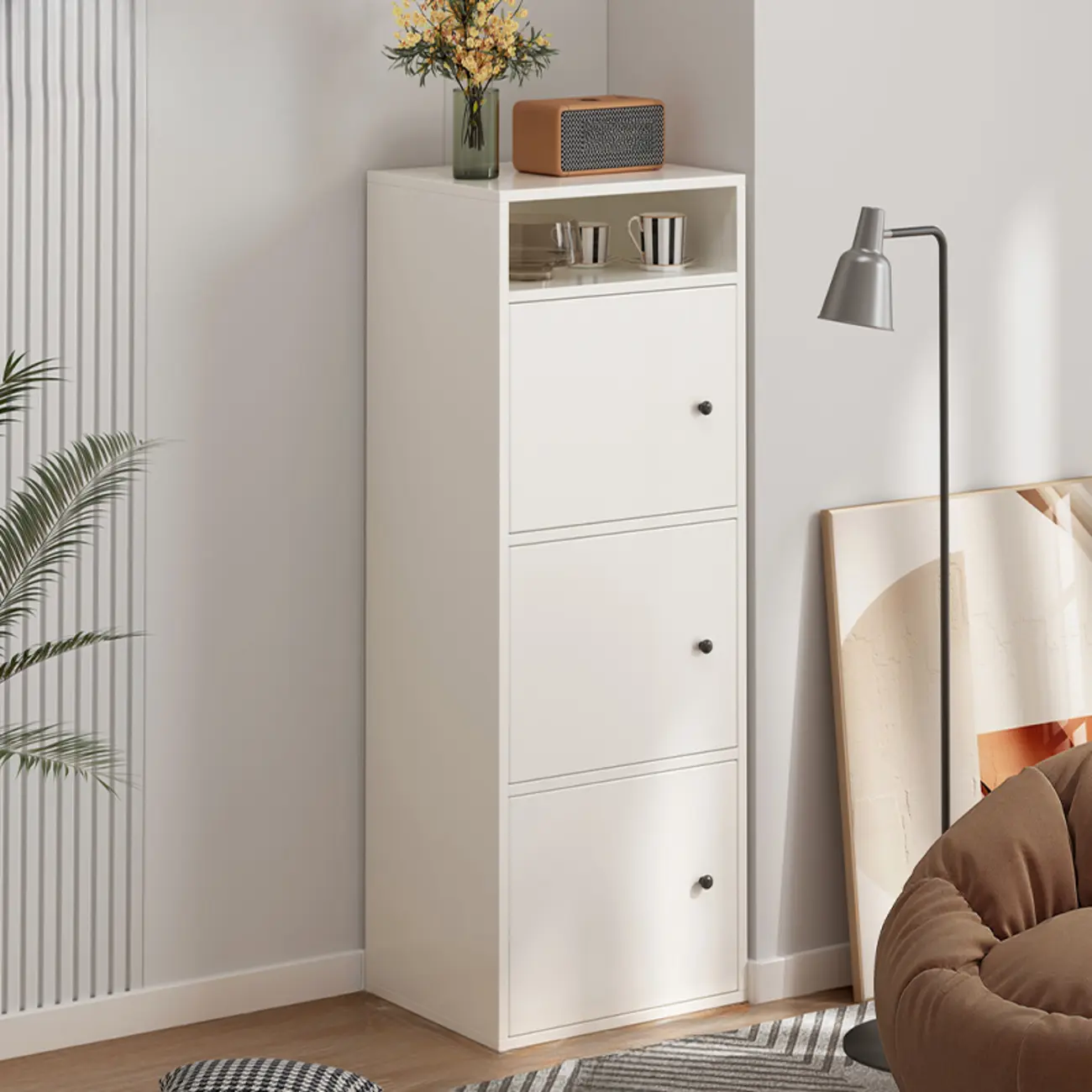 Modern White Wooden Storage Cabinet with Exterior Shelves  Image - 3 | homeyfad