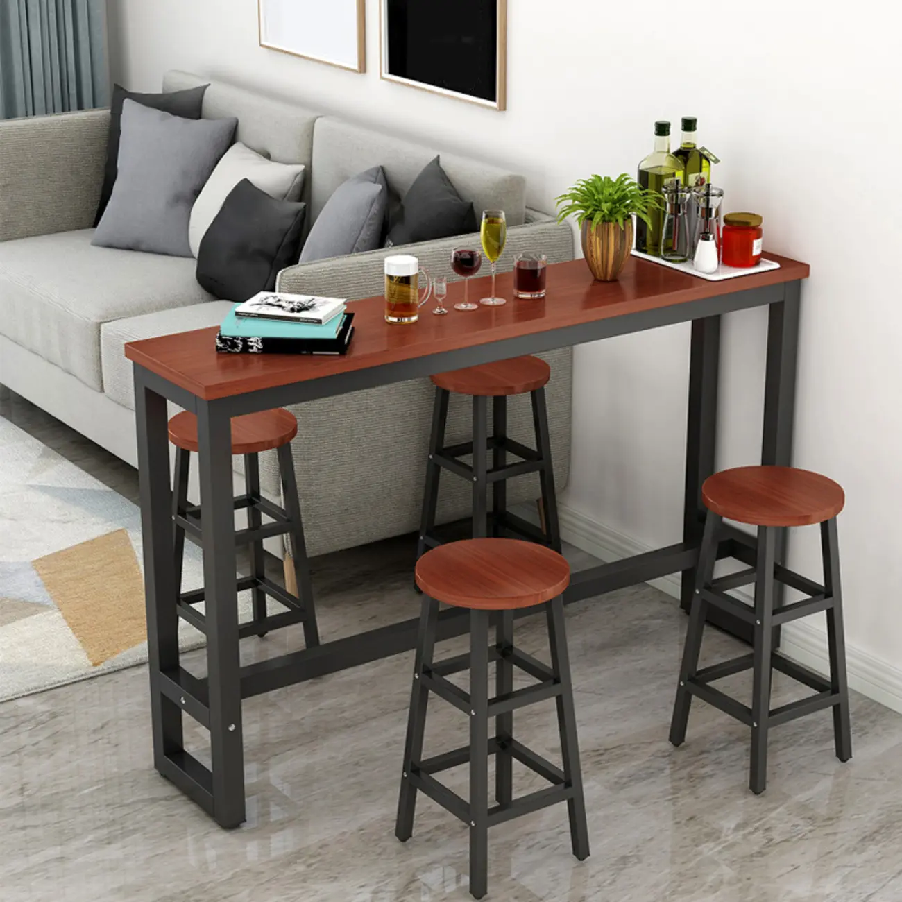 Elegant White Narrow Bar Table with Metal Footrest for Modern Home Decor Image - 4 | homeyfad