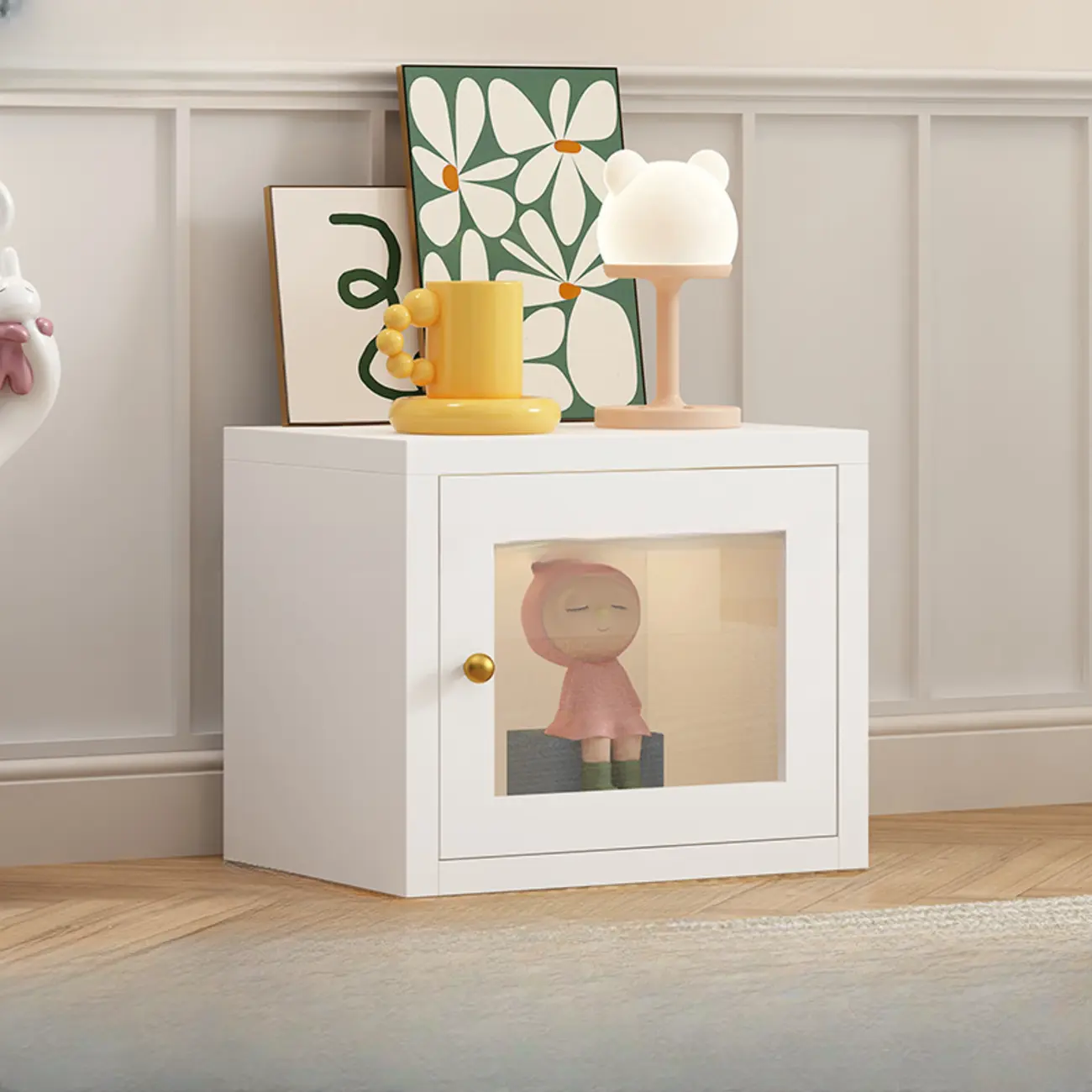 Small White Rectangular Storage Cabinet with Glass Door  Image - 14 | homeyfad