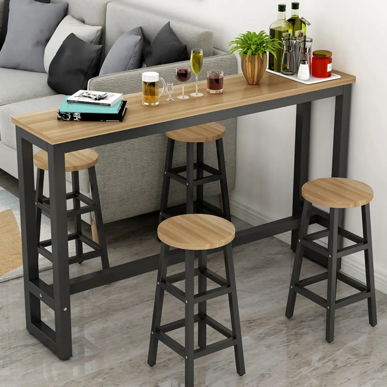Elegant White Narrow Bar Table with Metal Footrest for Modern Home Decor Image - 6