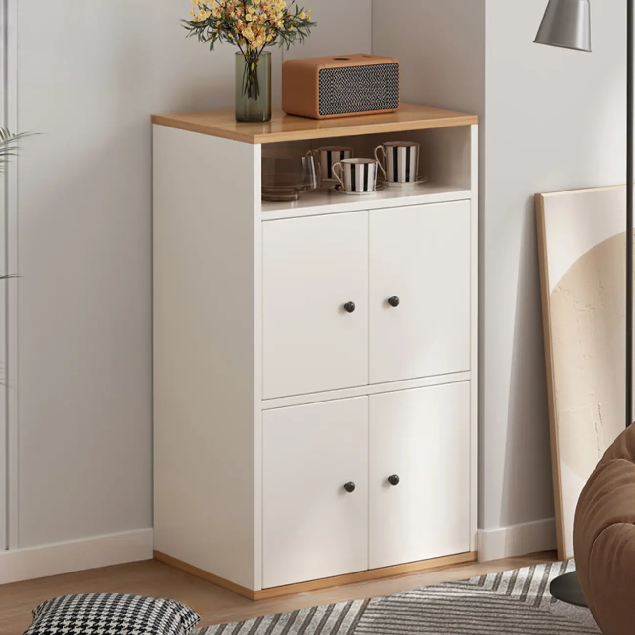 Modern White Wooden Storage Cabinet with Exterior Shelves  Image - 6 | homeyfad