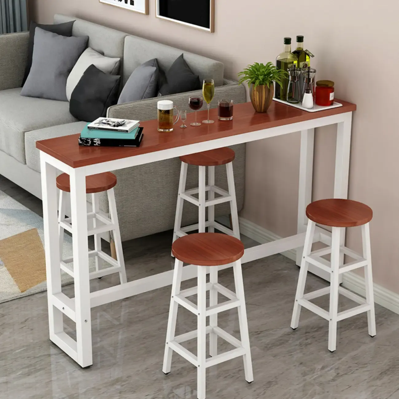 Elegant White Narrow Bar Table with Metal Footrest for Modern Home Decor Image - 7