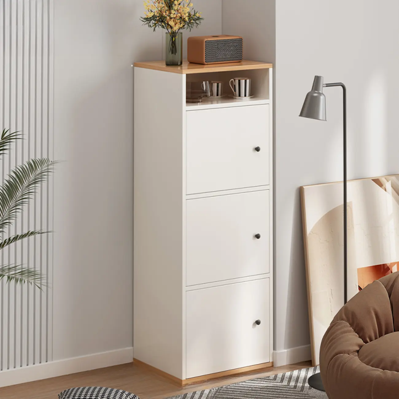 Modern White Wooden Storage Cabinet with Exterior Shelves  Image - 7 | homeyfad