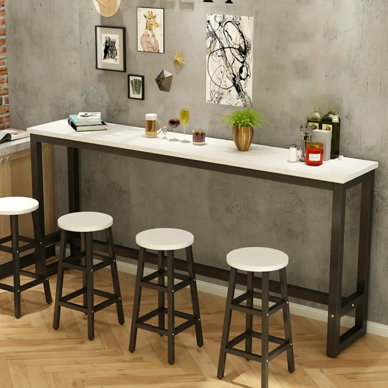 Elegant White Narrow Bar Table with Metal Footrest for Modern Home Decor Image - 9