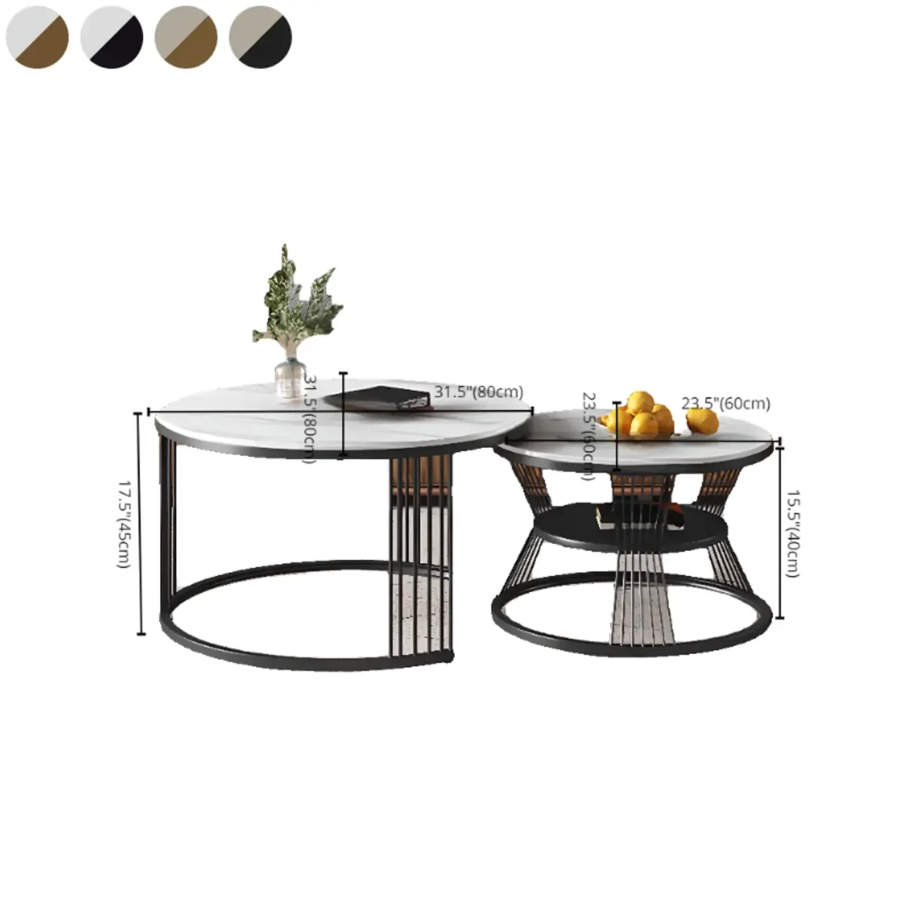 Small Modern Metal&Marble Round Coffee Table Set with Shelf #size
