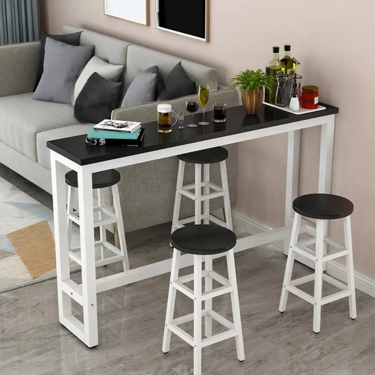 Elegant White Narrow Bar Table with Metal Footrest for Modern Home Decor Image - 11