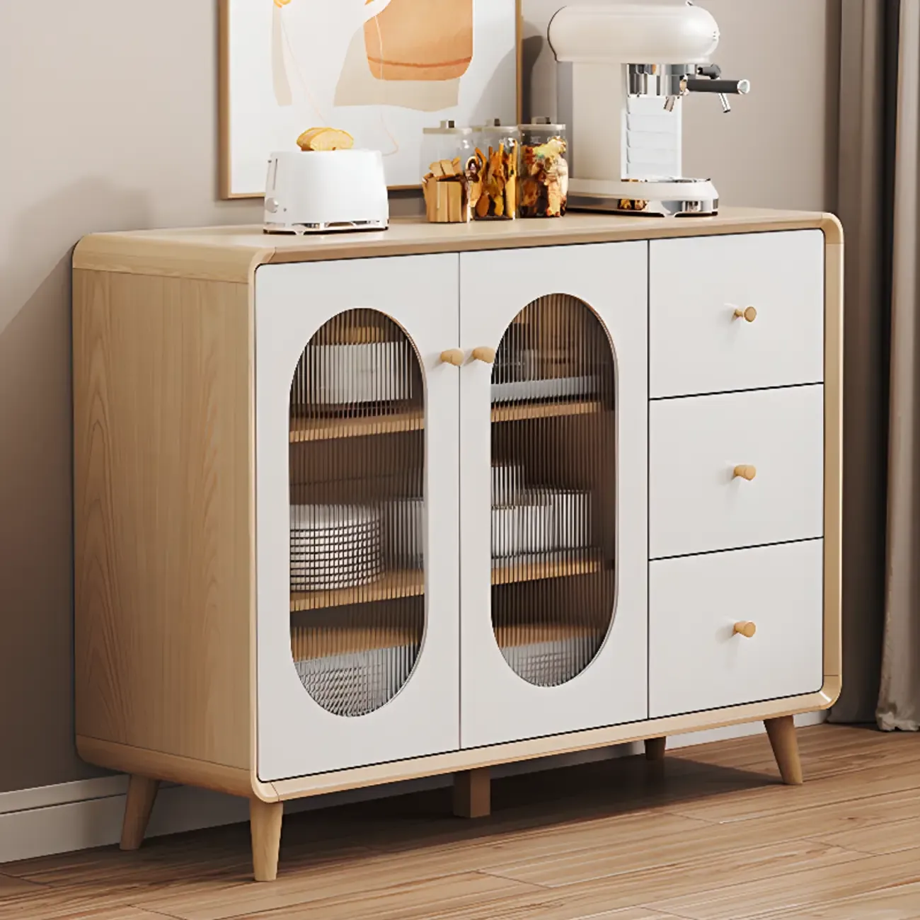 Modern Natural Finish Cabinet with Exterior Shelf  & Drawers Image - 1