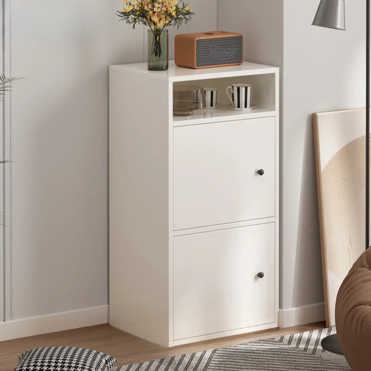 Modern White Wooden Storage Cabinet with Exterior Shelves  Image - 14 | homeyfad