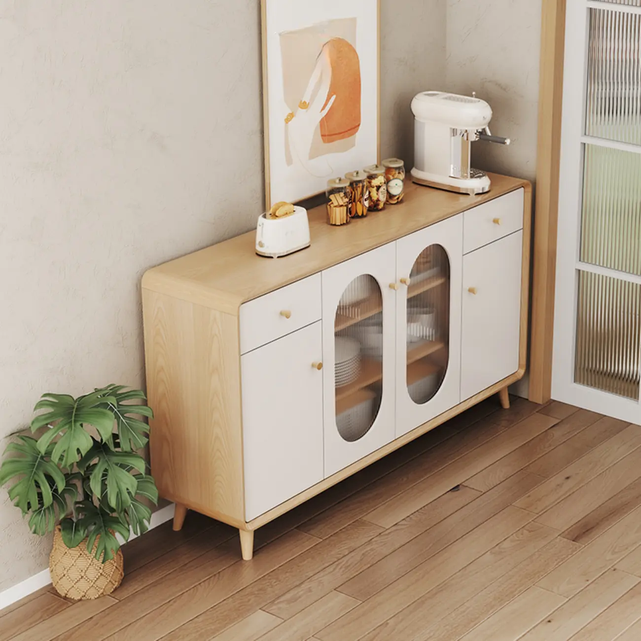 Modern Natural Finish Cabinet with Exterior Shelf  & Drawers Image - 3 | homeyfad