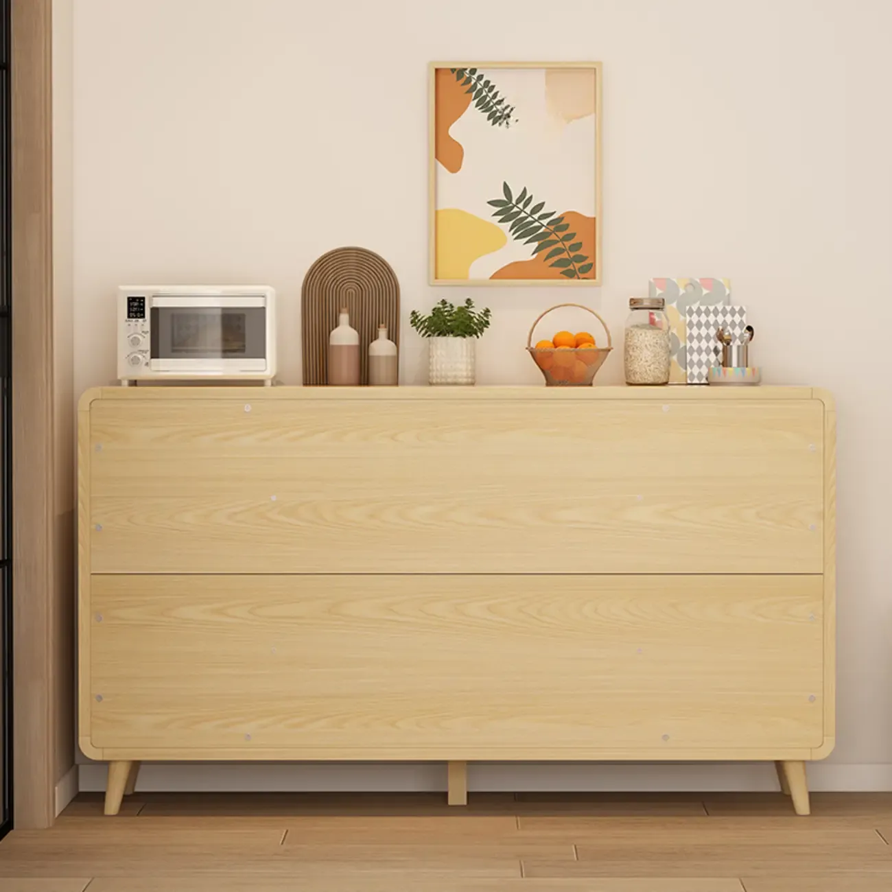 Modern Natural Finish Cabinet with Exterior Shelf  & Drawers Image - 4