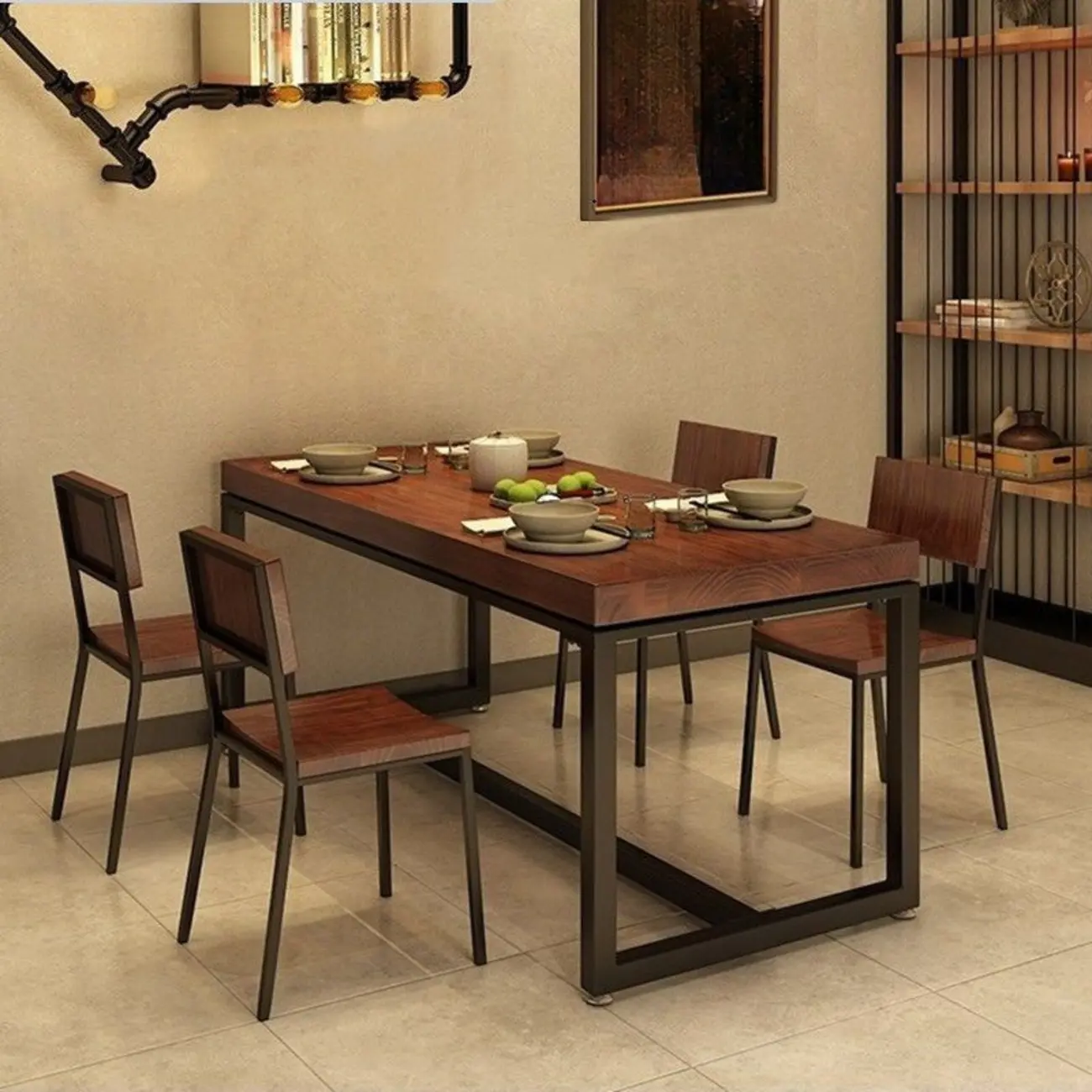 Industrial Wood Dining Room Set with Sturdy Slat Chairs Image - 1 | homeyfad