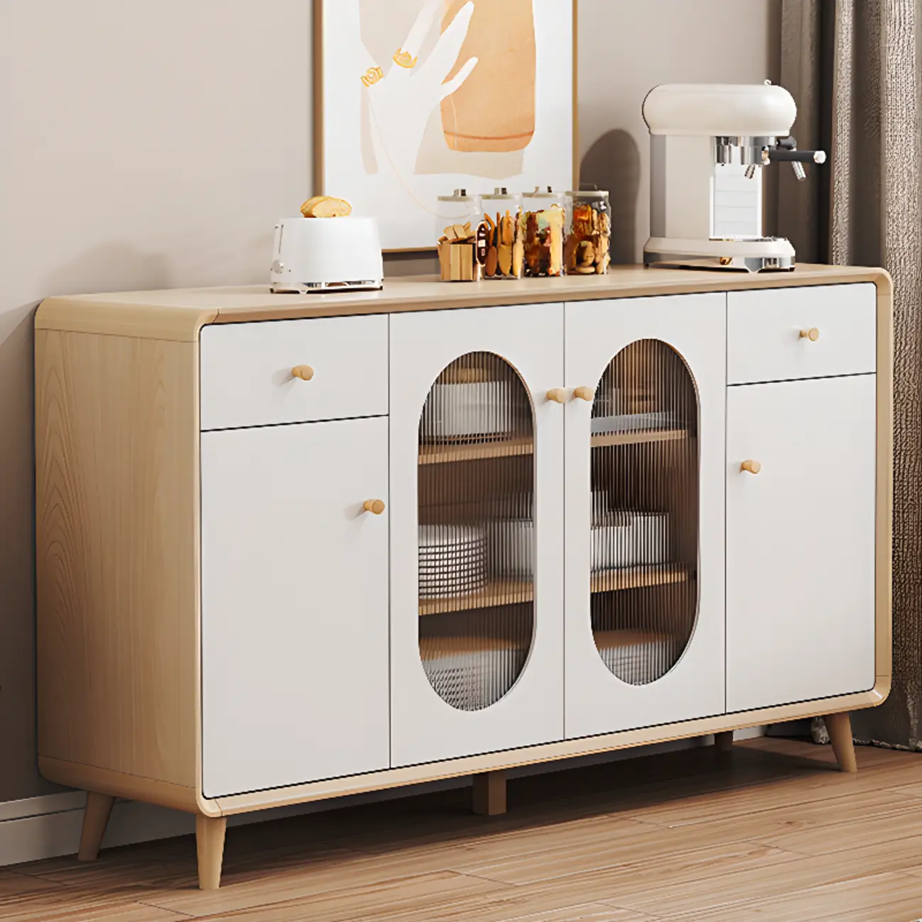 Modern Natural Finish Cabinet with Exterior Shelf  & Drawers Image - 5 | homeyfad