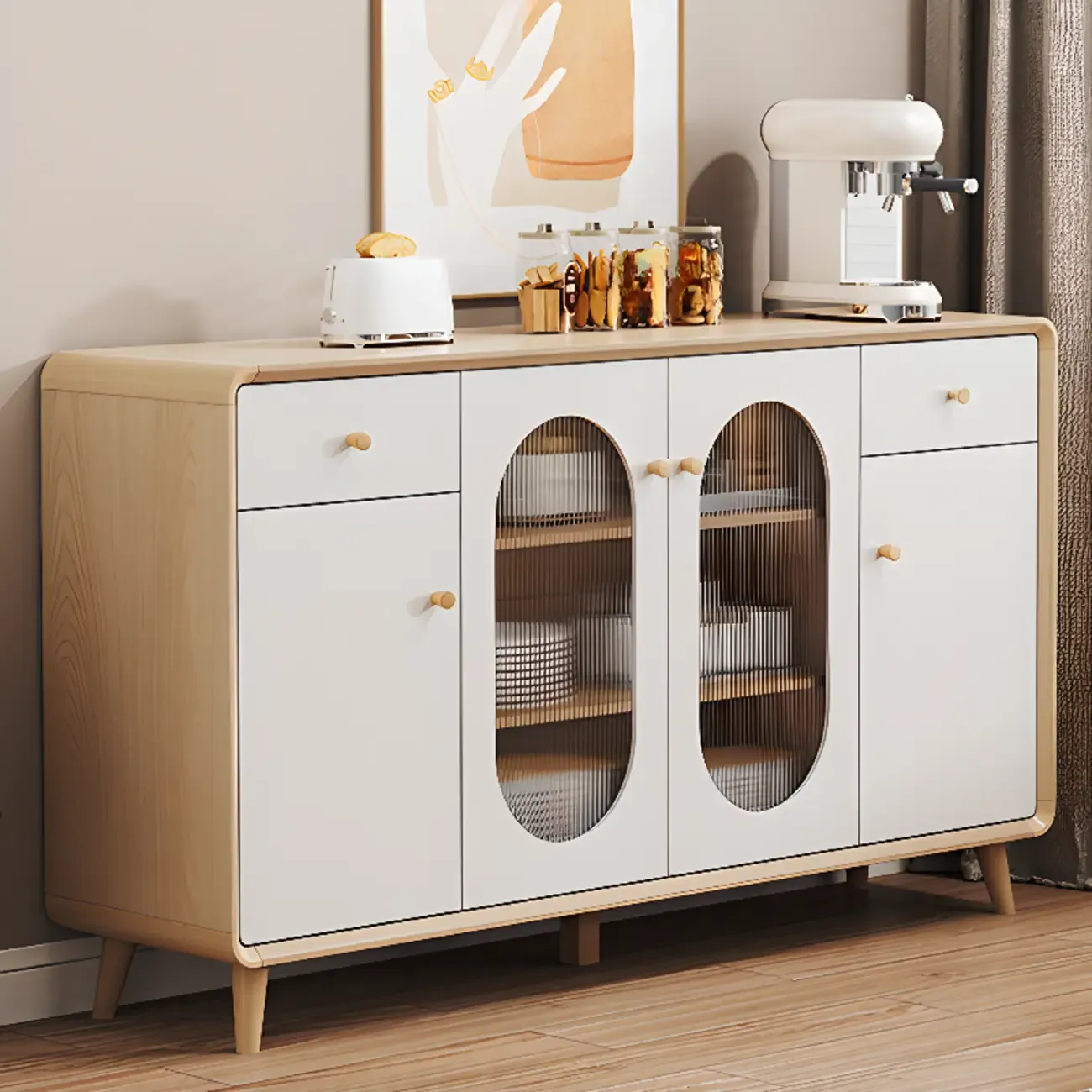 Modern Natural Finish Cabinet with Exterior Shelf  & Drawers Image - 5
