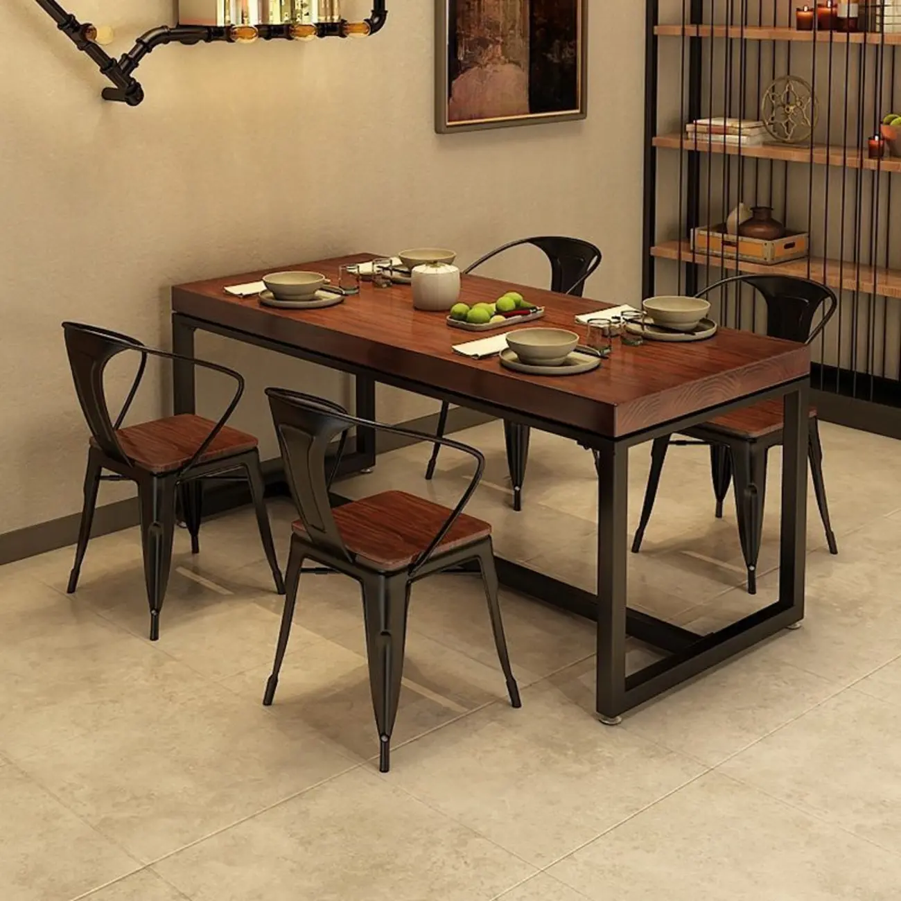 Industrial Wood Dining Room Set with Sturdy Slat Chairs Image - 2 | homeyfad