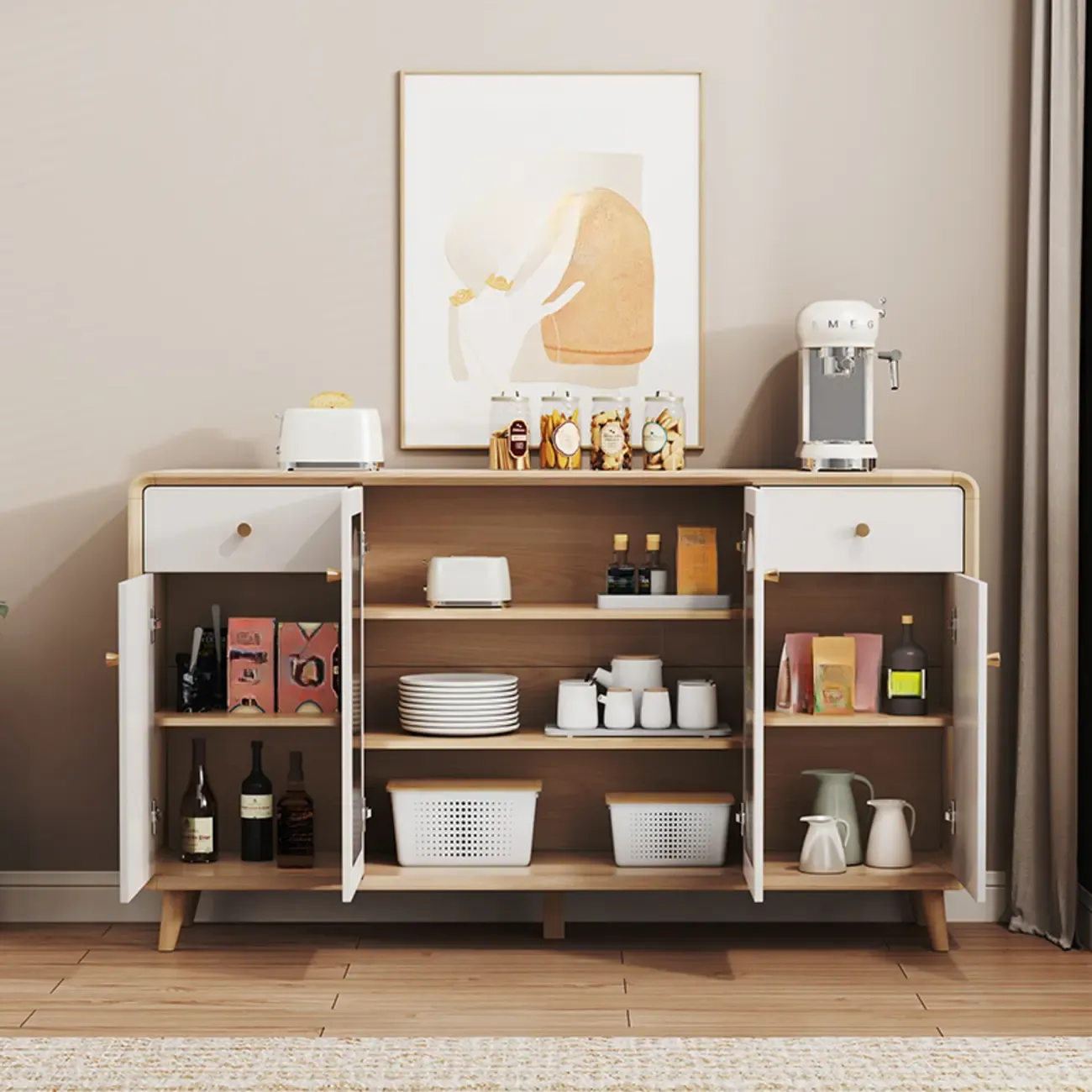Modern Natural Finish Cabinet with Exterior Shelf  & Drawers Image - 6