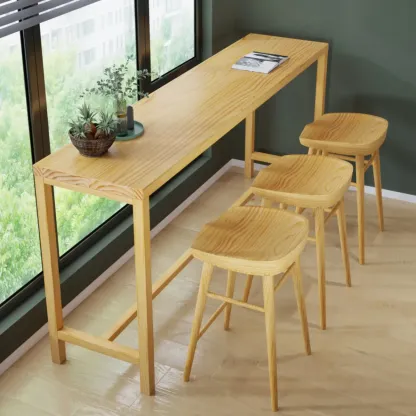 Natural Pine Wood Pub Bar Table with Footrest for 3 People Image - 1