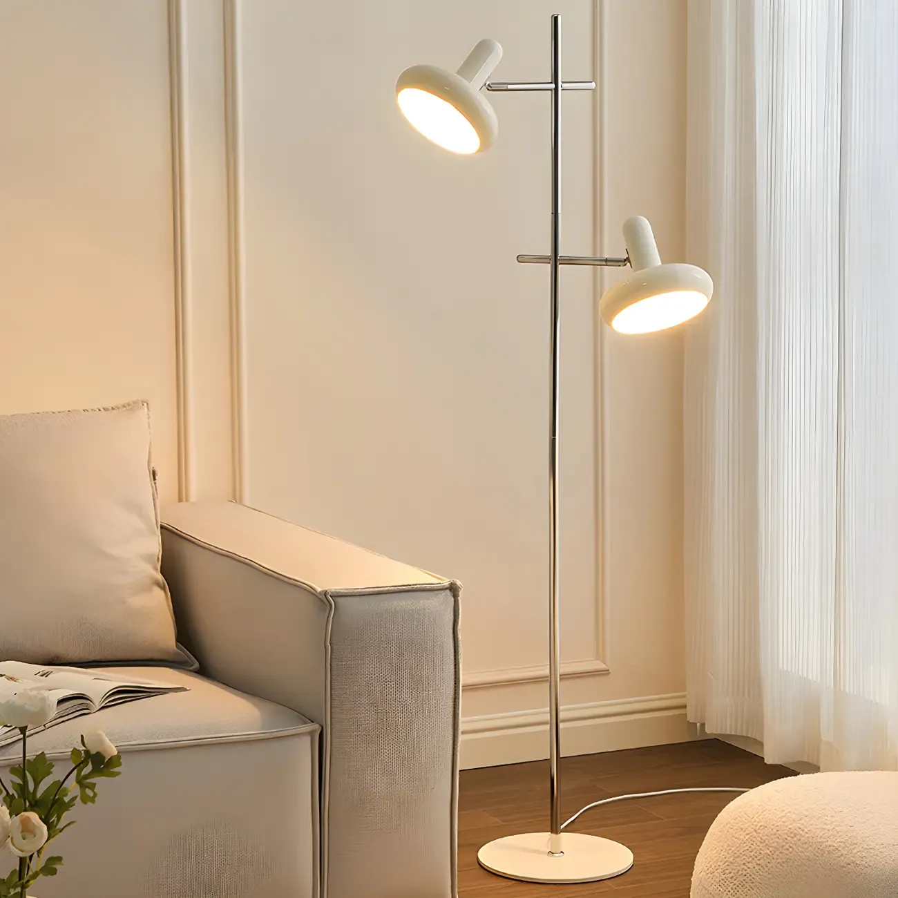 Modern White Metal 2-Head Adjustable Floor Lamp with Extendable Length for Living Room Image - 1