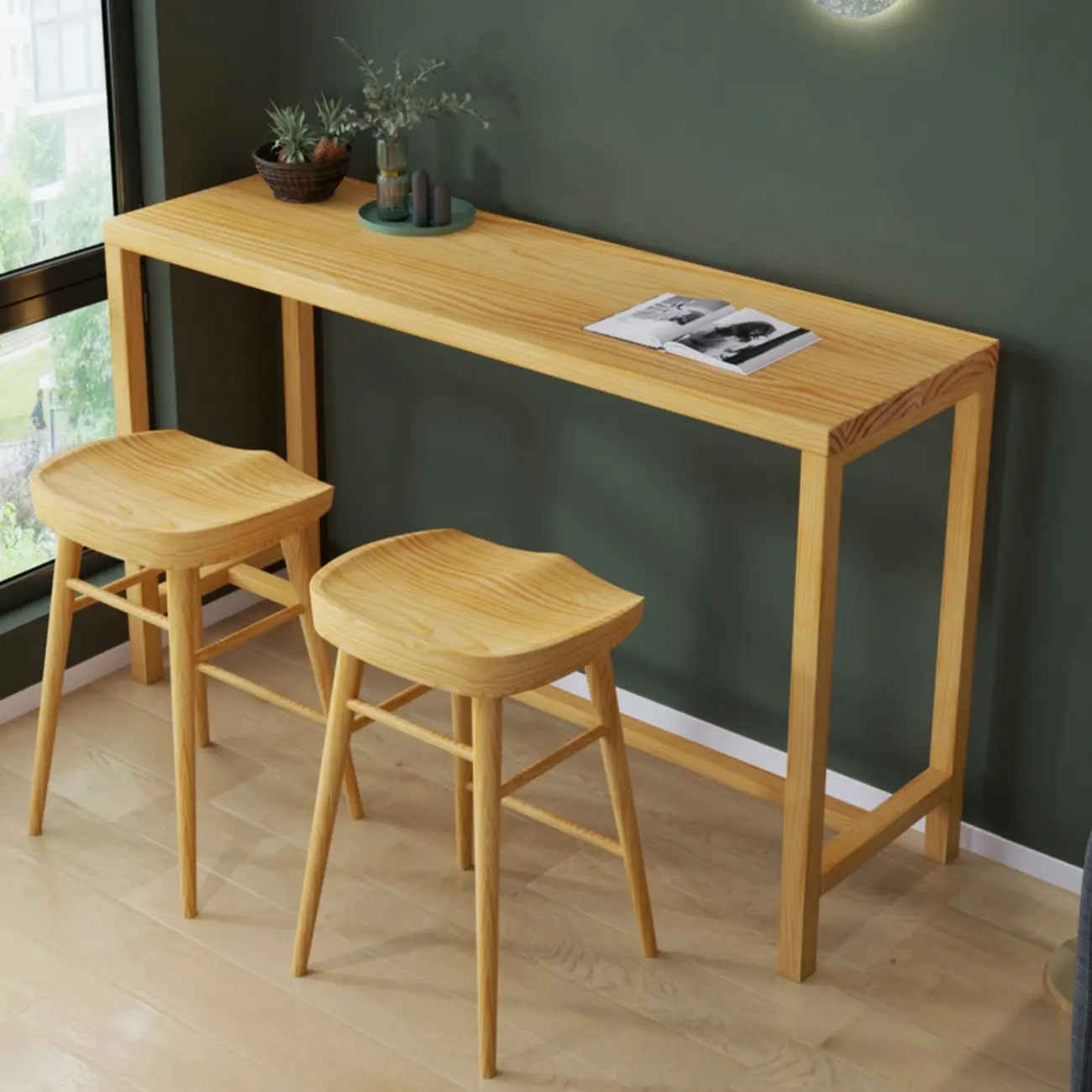 Natural Pine Wood Pub Bar Table with Footrest for 3 People Image - 2 | homeyfad