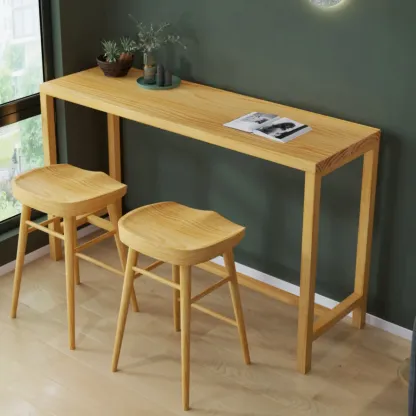 Natural Pine Wood Pub Bar Table with Footrest for 3 People Image - 2