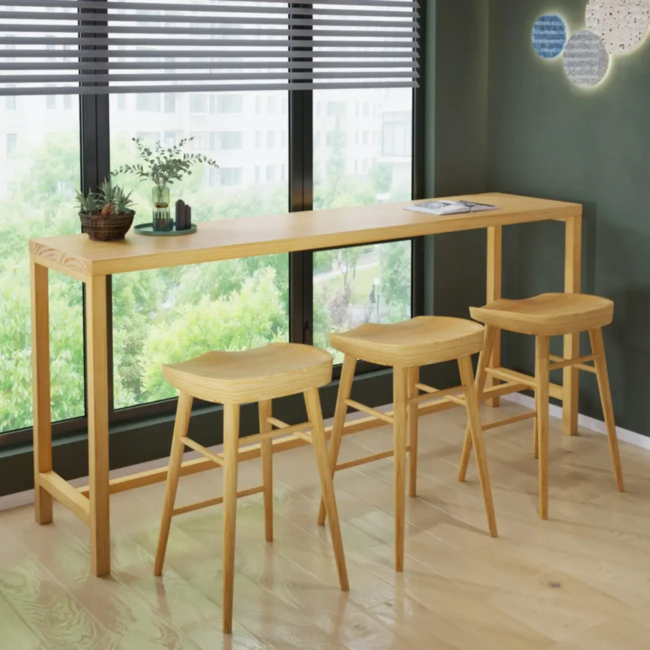 Natural Pine Wood Pub Bar Table with Footrest for 3 People Image - 3