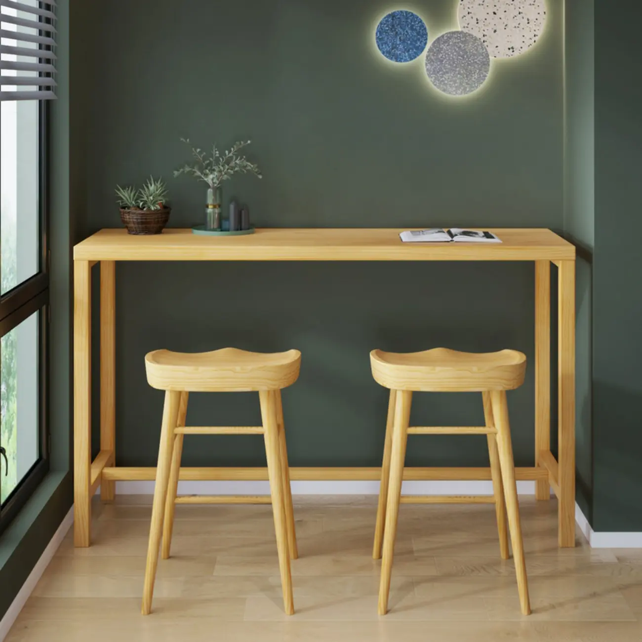 Natural Pine Wood Pub Bar Table with Footrest for 3 People Image - 4 | homeyfad