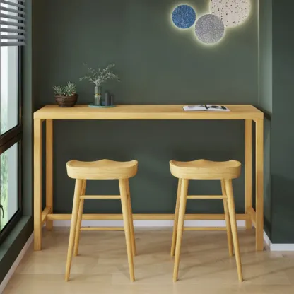 Natural Pine Wood Pub Bar Table with Footrest for 3 People Image - 4