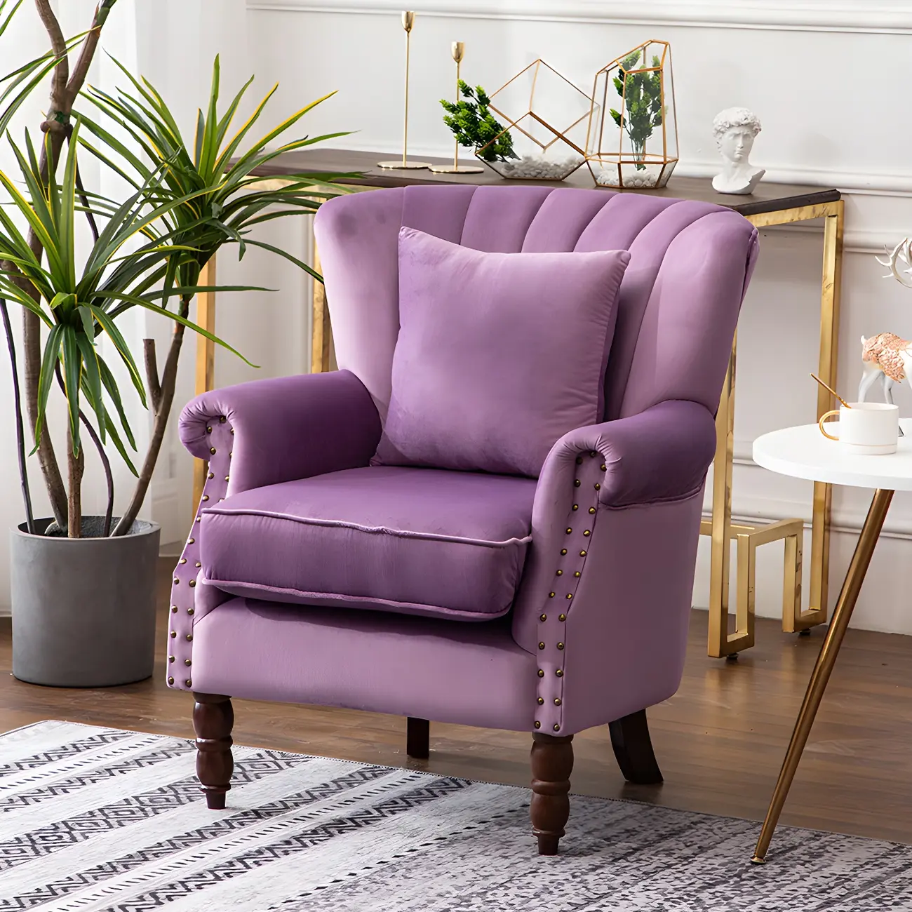 Modern Velvet Accent Chair with Rolled Arms and Pillow Image - 1 | homeyfad