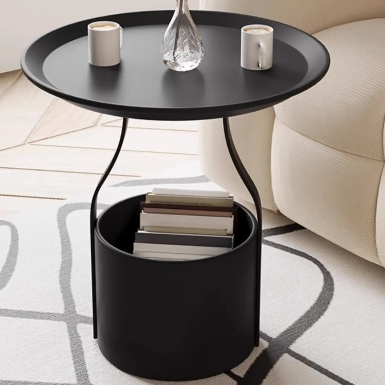 Metal Tray Top Black Side Table with Storage for Living Room Image - 1 | homeyfad