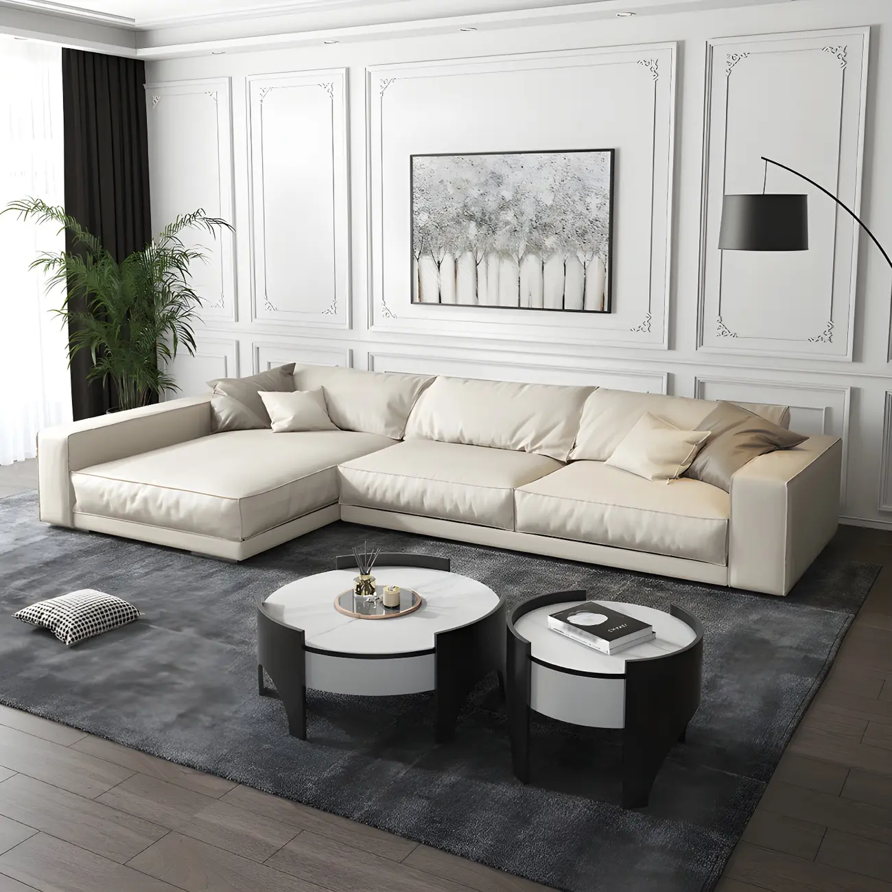 Minimalist Ivory Faux Leather Sectional with Down Cushion  Image - 2 | homeyfad