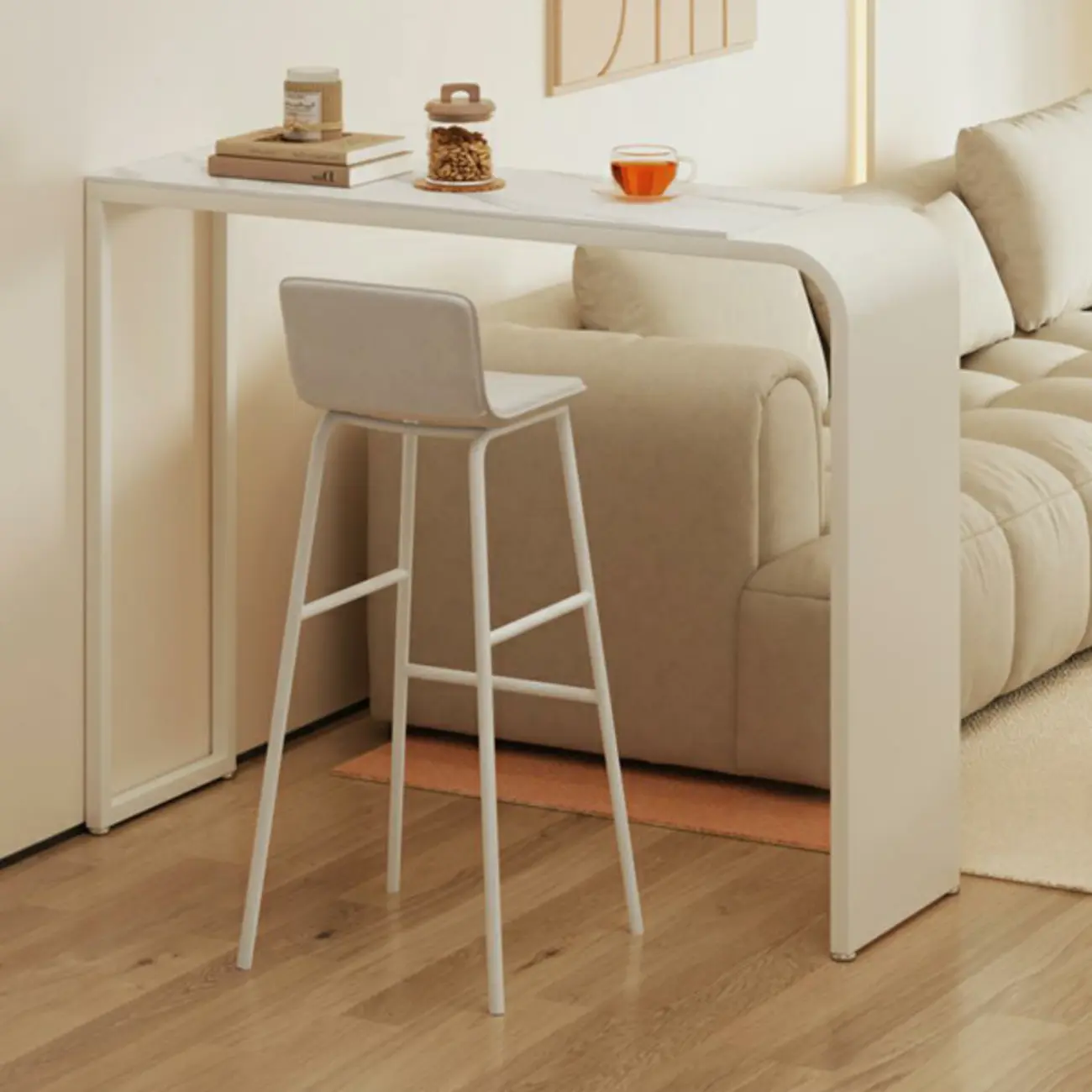 Modern White Metal Long Narrow Bar Table with Storage Shelve for Home Image - 1 | homeyfad