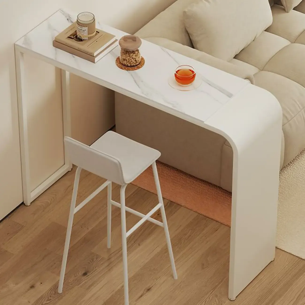 Modern White Metal Long Narrow Bar Table with Storage Shelve for Home Image - 4