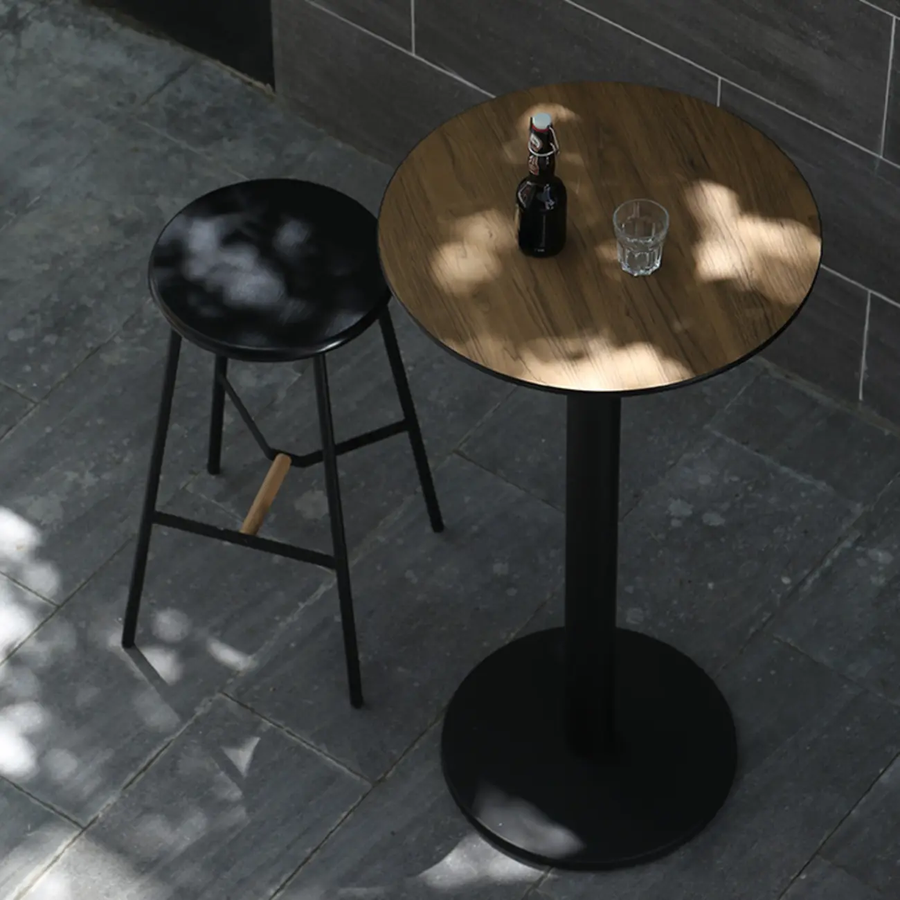 Elegant Wooden Pub Bar Table with Black Metal Base for Cafe Image - 1 | homeyfad