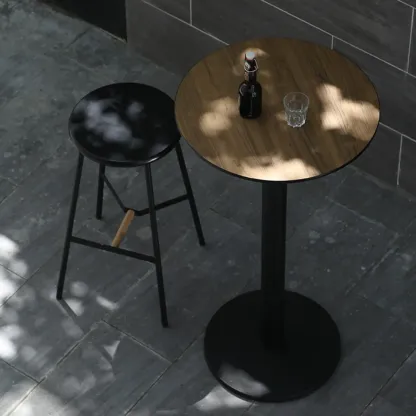 Elegant Wooden Pub Bar Table with Black Metal Base for Cafe Image - 1