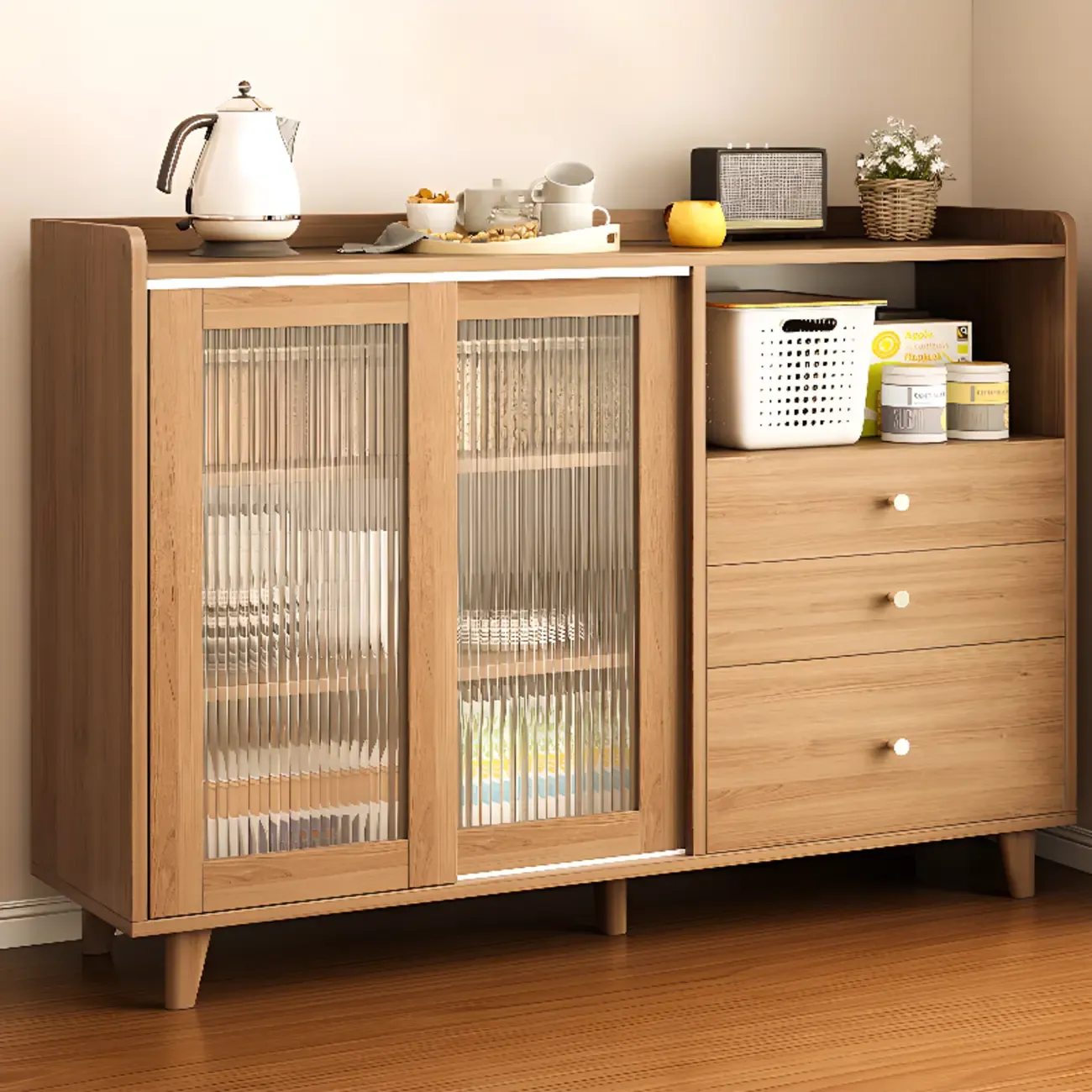 Freestanding Brown Cabinet with Sliding Door & Exterior Shelf Image - 1