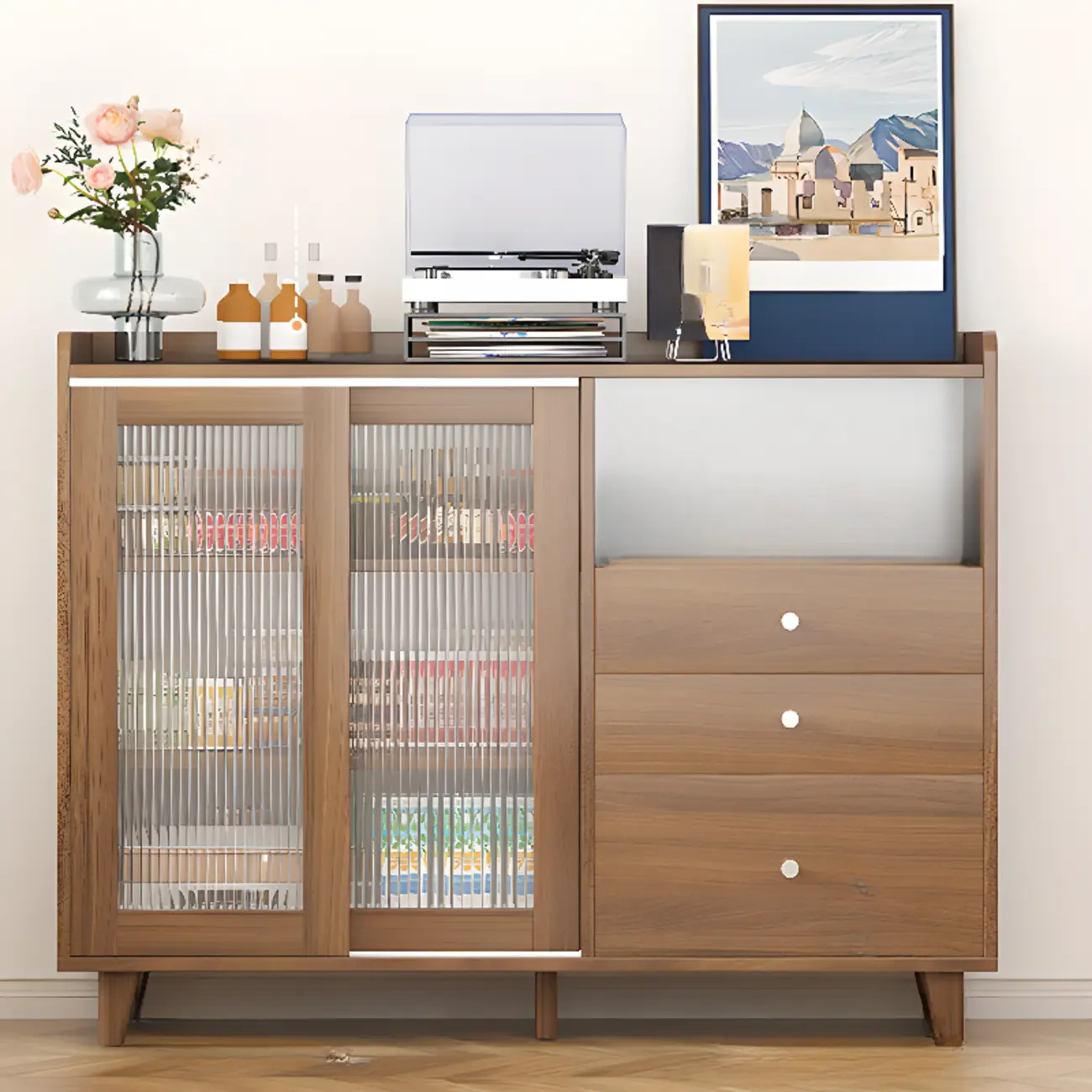 Freestanding Brown Cabinet with Sliding Door & Exterior Shelf Image - 2 | homeyfad