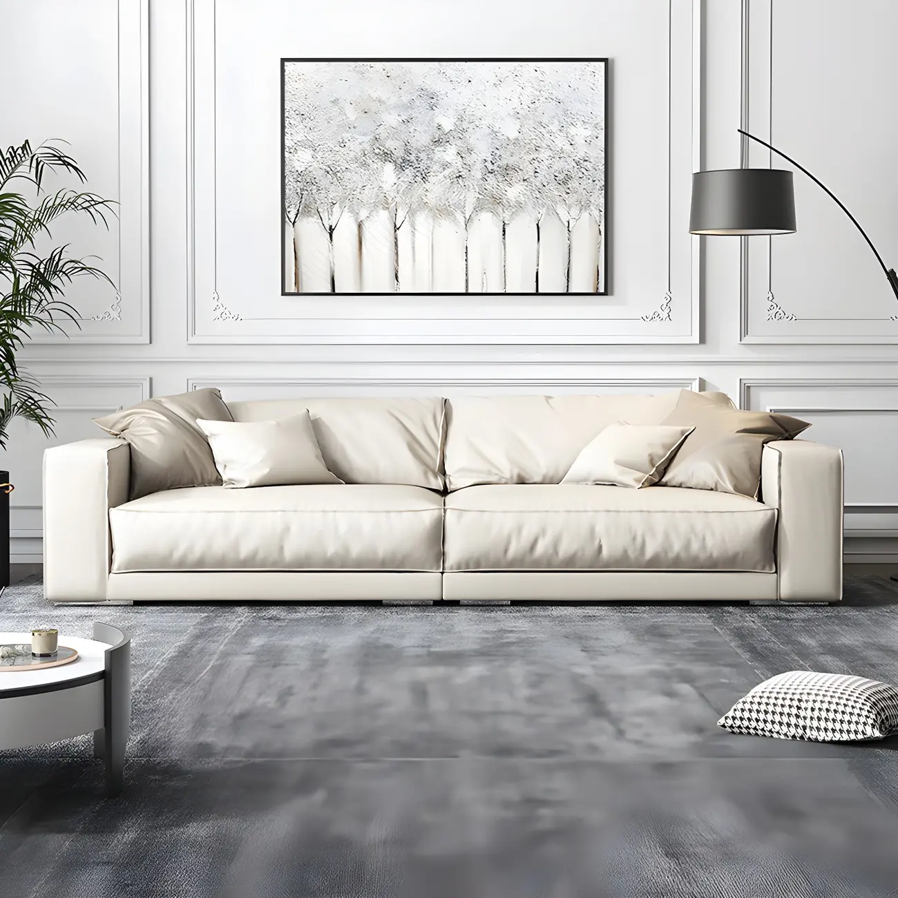 Minimalist Ivory Faux Leather Sectional with Down Cushion  Image - 1 | homeyfad