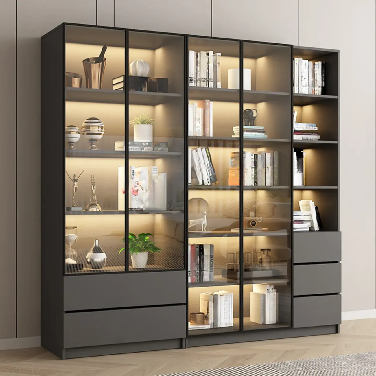Modern Black Glass Display Cabinet with Shelves Image - 1