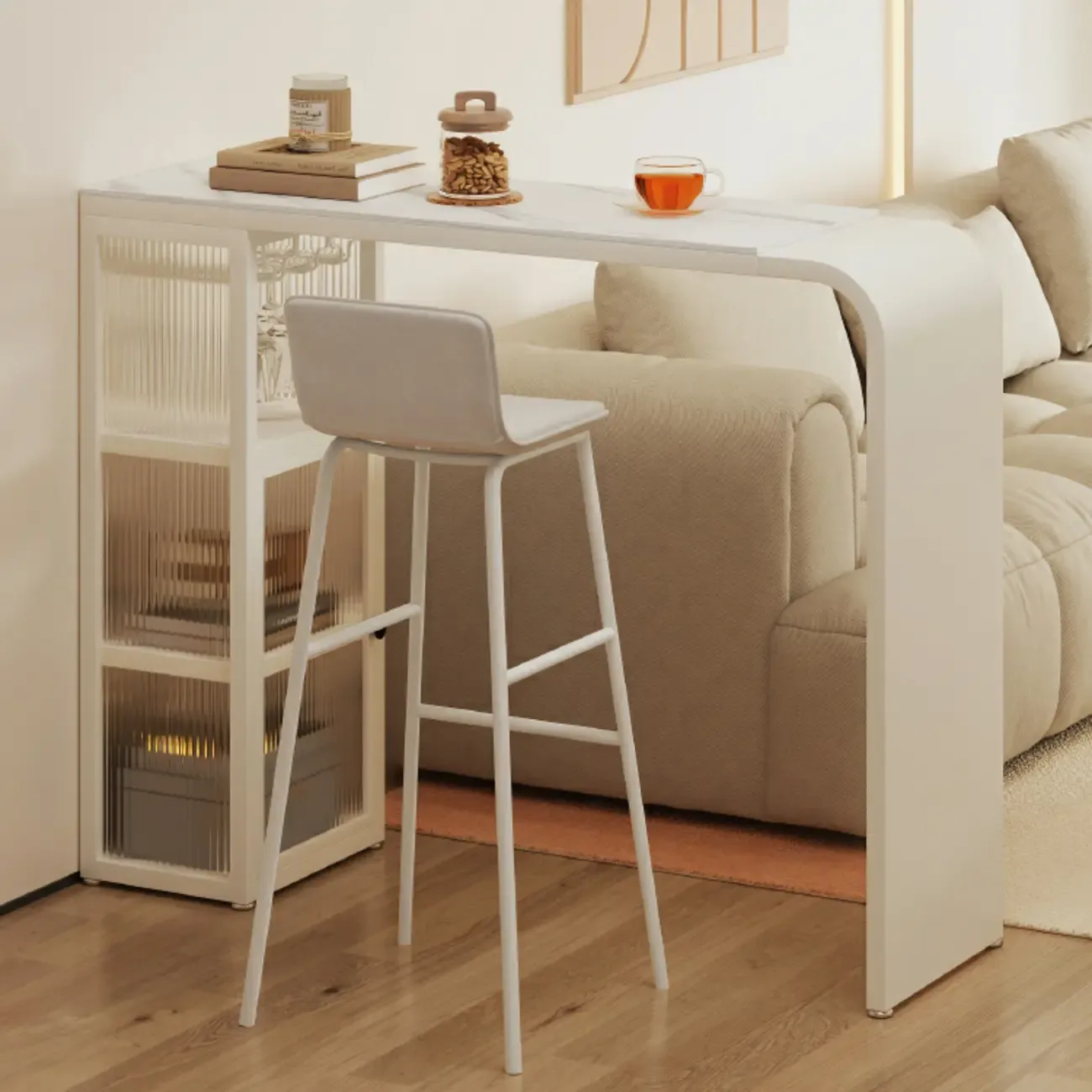 Modern White Metal Long Narrow Bar Table with Storage Shelve for Home Image - 8