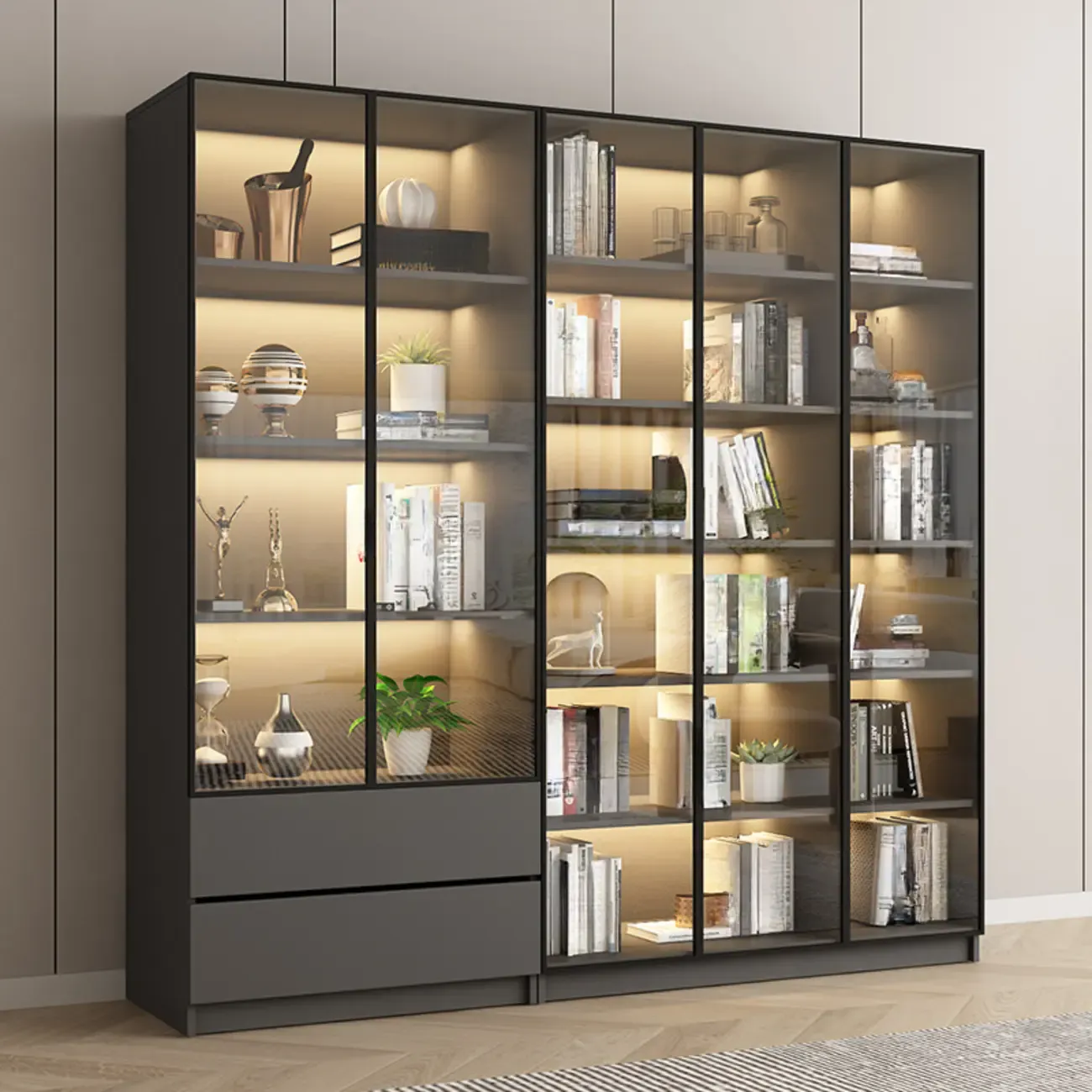 Modern Black Glass Display Cabinet with Shelves Image - 2