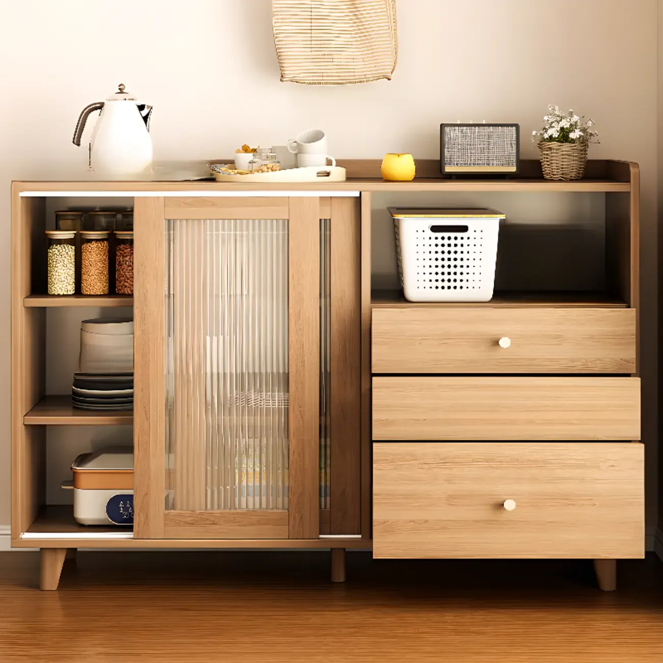 Freestanding Brown Cabinet with Sliding Door & Exterior Shelf Image - 3