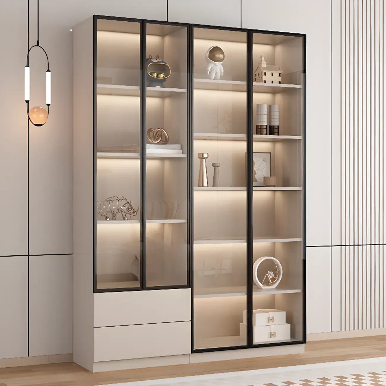 Elegant Natural Wooden Display Cabinet with LED Lighting Image - 1
