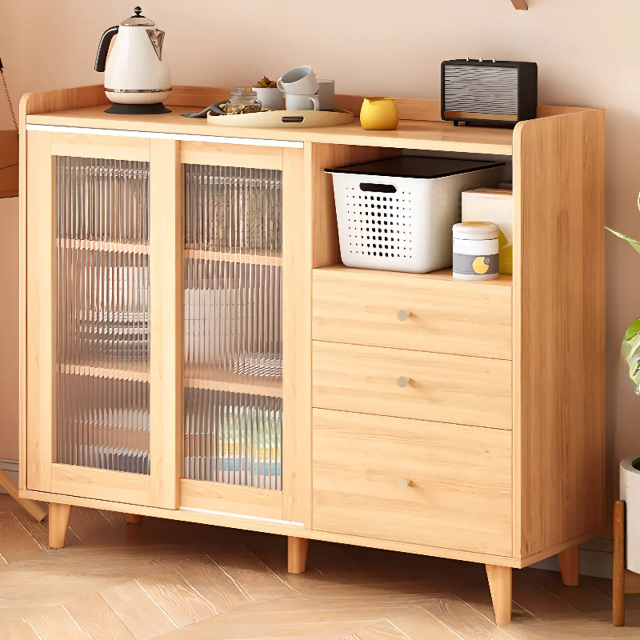 Freestanding Brown Cabinet with Sliding Door & Exterior Shelf Image - 4