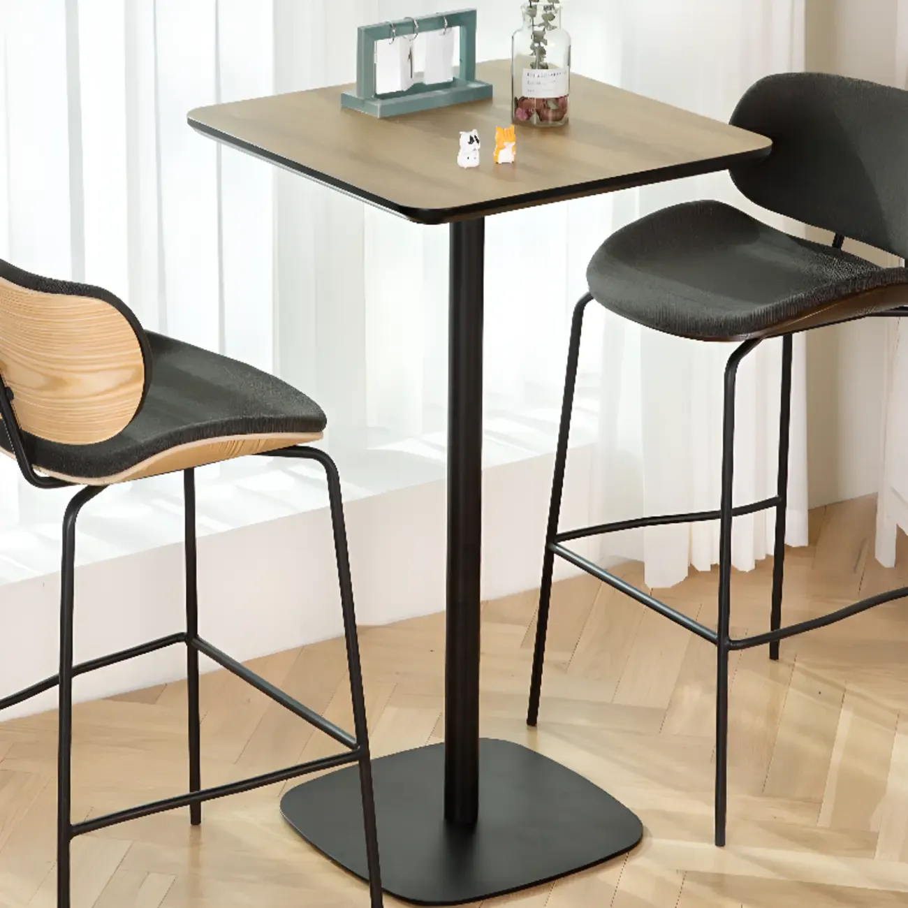 Elegant Wooden Pub Bar Table with Black Metal Base for Cafe Image - 7