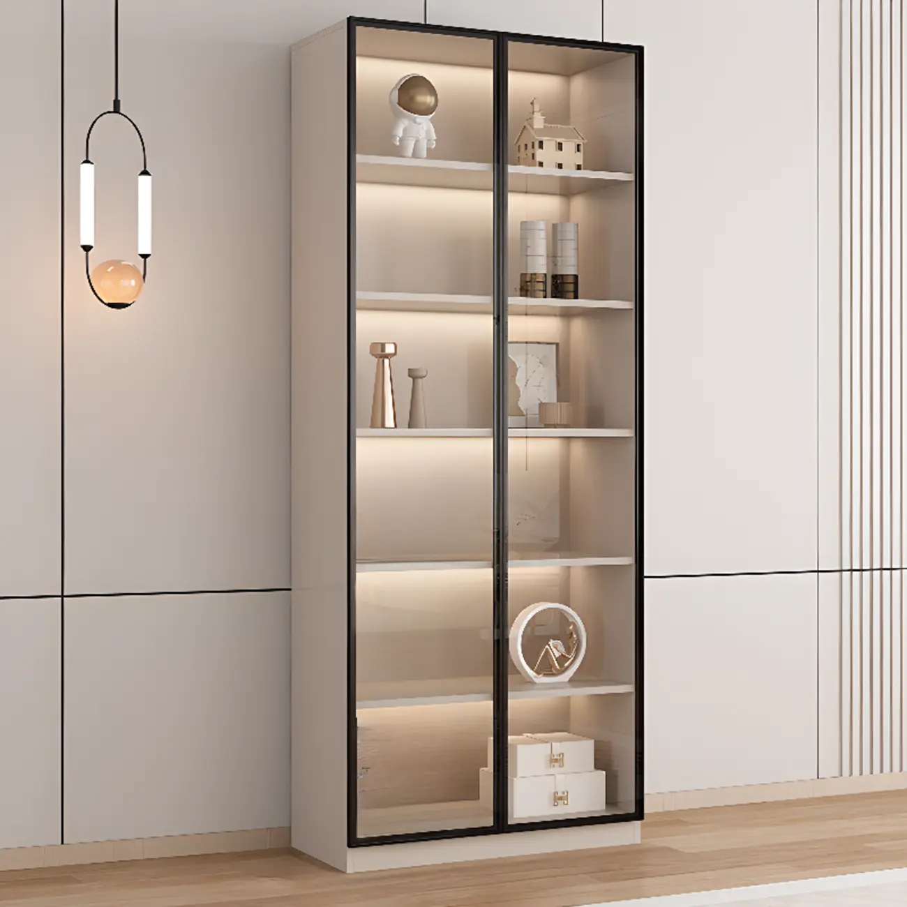 Elegant Natural Wooden Display Cabinet with LED Lighting Image - 5 | homeyfad