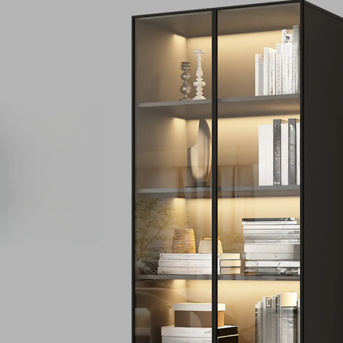 Modern Black Glass Display Cabinet with Shelves Image - 7