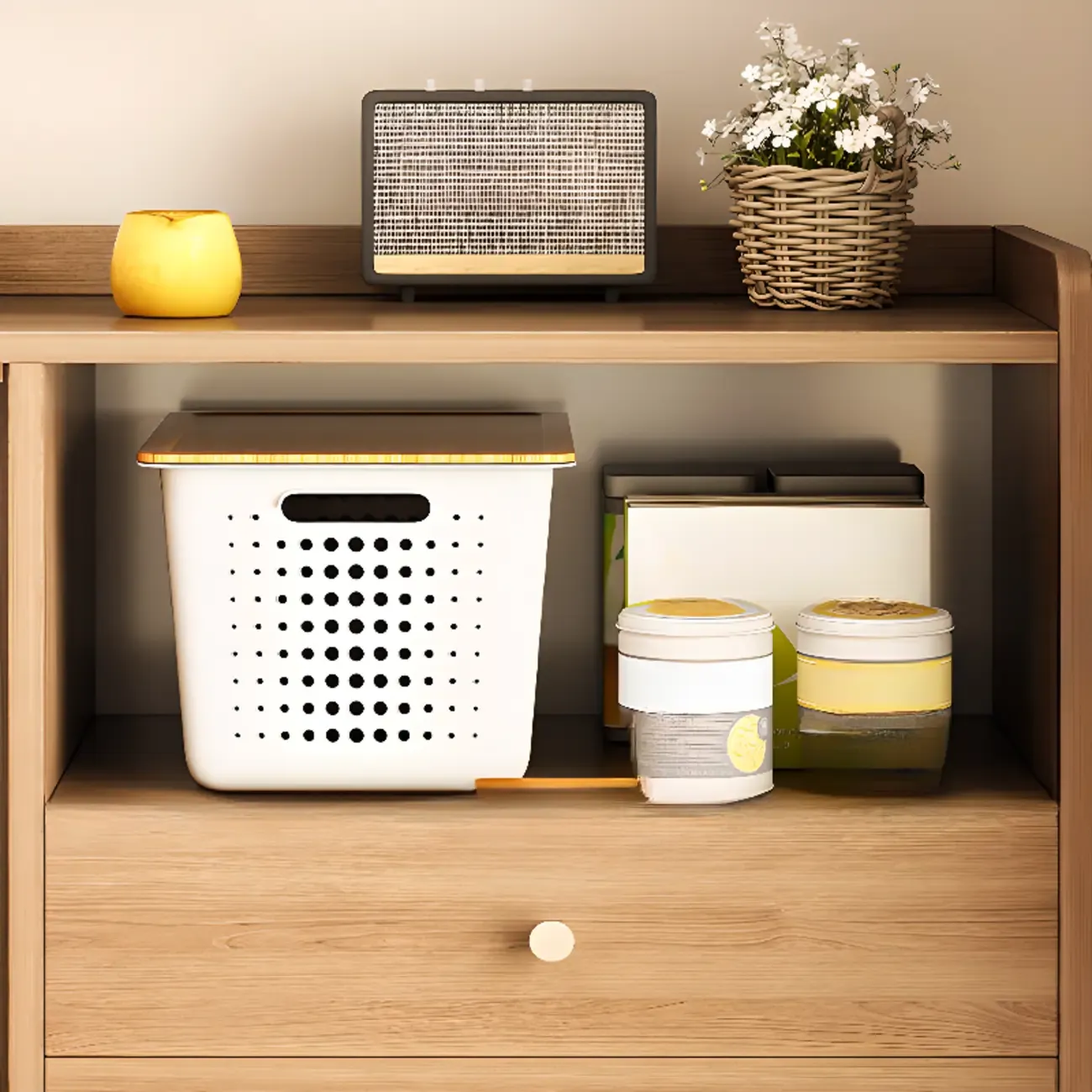 Freestanding Brown Cabinet with Sliding Door & Exterior Shelf Image - 8