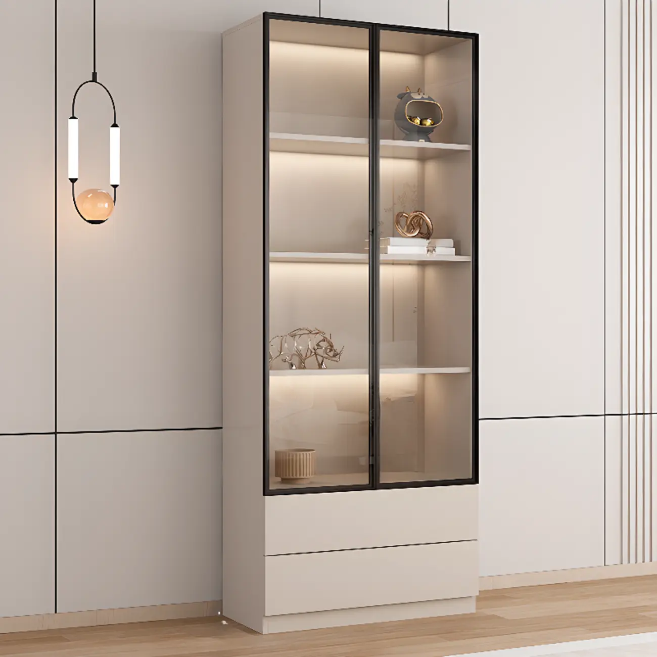 Elegant Natural Wooden Display Cabinet with LED Lighting Image - 8 | homeyfad