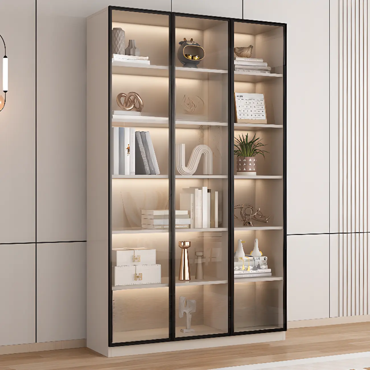 Elegant Natural Wooden Display Cabinet with LED Lighting Image - 8 | homeyfad