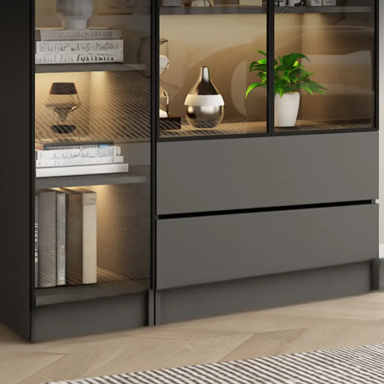 Modern Black Glass Display Cabinet with Shelves Image - 10