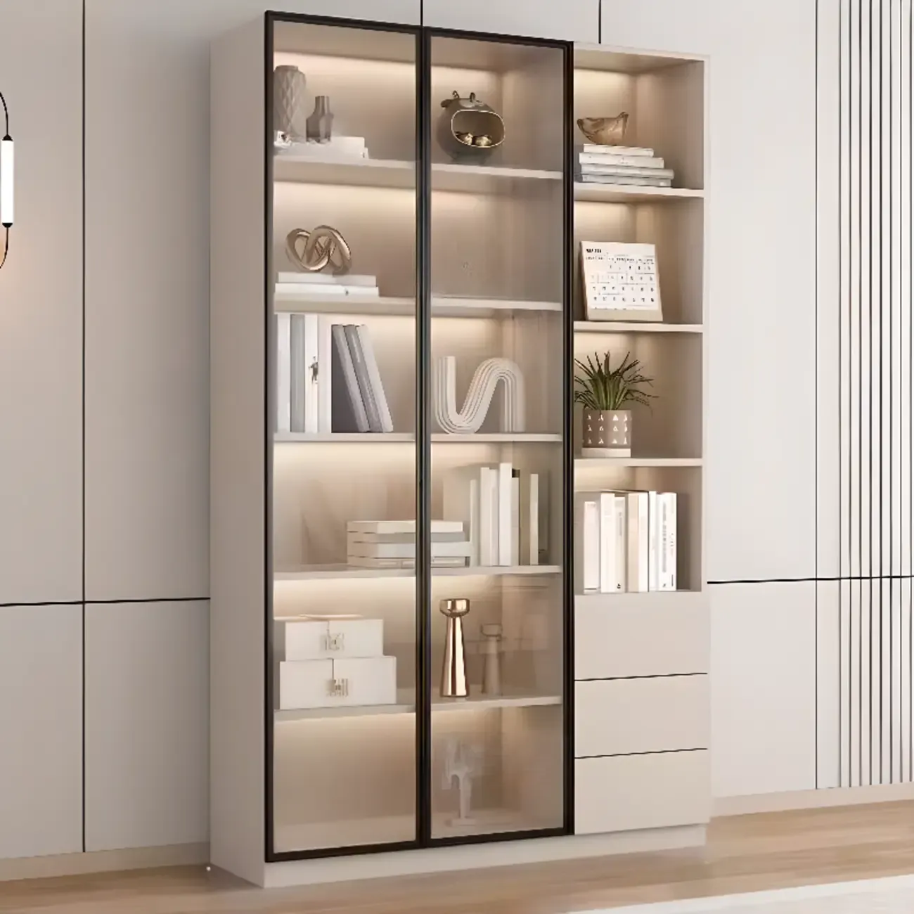 Elegant Natural Wooden Display Cabinet with LED Lighting Image - 10